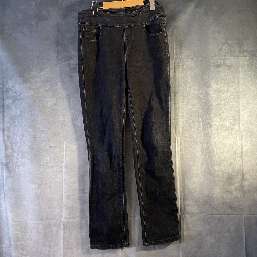 Marie Claire Straight Leg Jeans Womens Size 5 Dark Wash Pull On Embellished Y2K